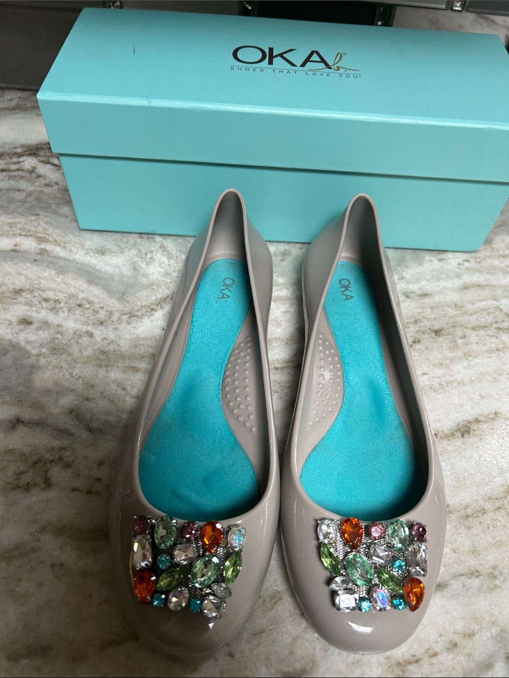 OKAb Okabashi CELINE Jelly Flats CLUSTER OF CRYSTALS Women’s Sz  8 Slip On